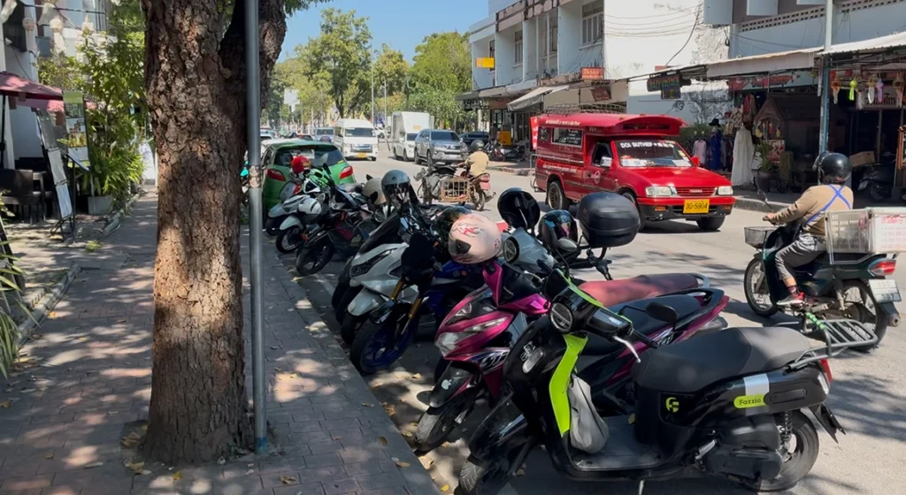 Red songthaews in Old City, Chiang Mai